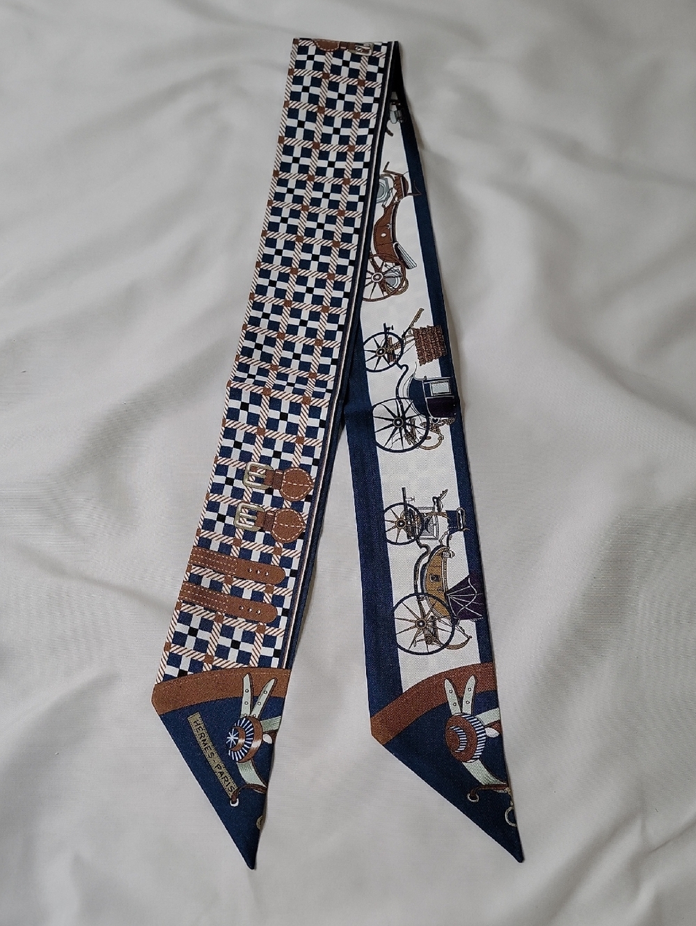 Hermes Navy and Brown Equestrian Twilly Scarf